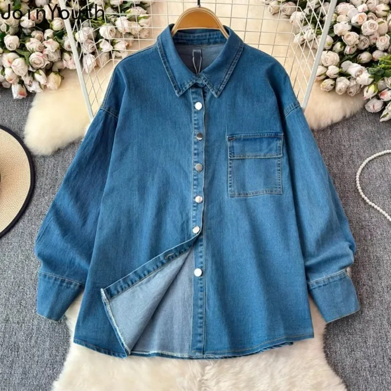 Two Piece Set Women Clothes Long Sleeve Oversized Shirt High Waist Vintage Casual Shorts Elegant Suits Fashion Denim Y2k Outfits