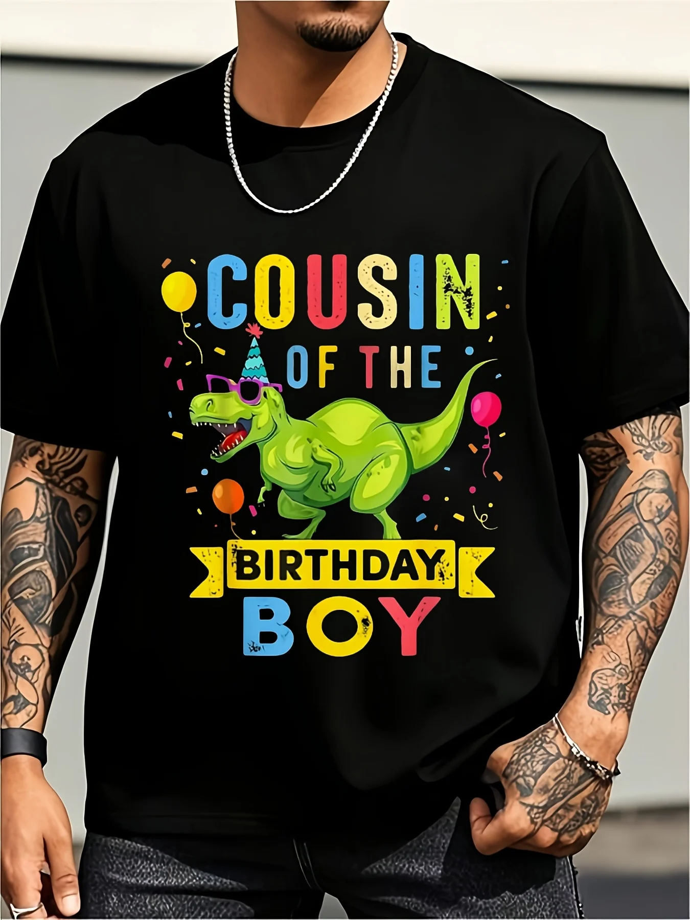 Birthday Boy's Companion T-Rex Birthday Party T01 Men's Shirt Fun Casual Short Sleeve T-Shirt Soft and Comfortable Machine Washable Suitable for Casual Outfits Unique Gift All Sizes Vintage Casual Round Neck Printed T-Shirt Unisex
