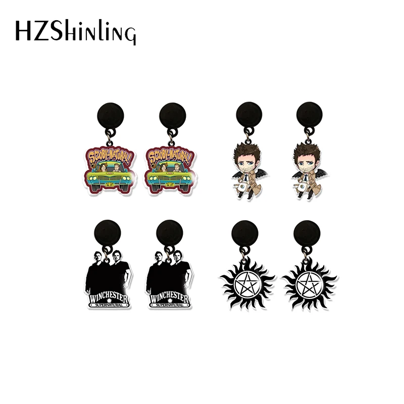 2023 New Arrival Fashion Supernatural Sam Dean Winchester Graffiti Handmade Acrylic Epoxy Drop Dangle Earrings