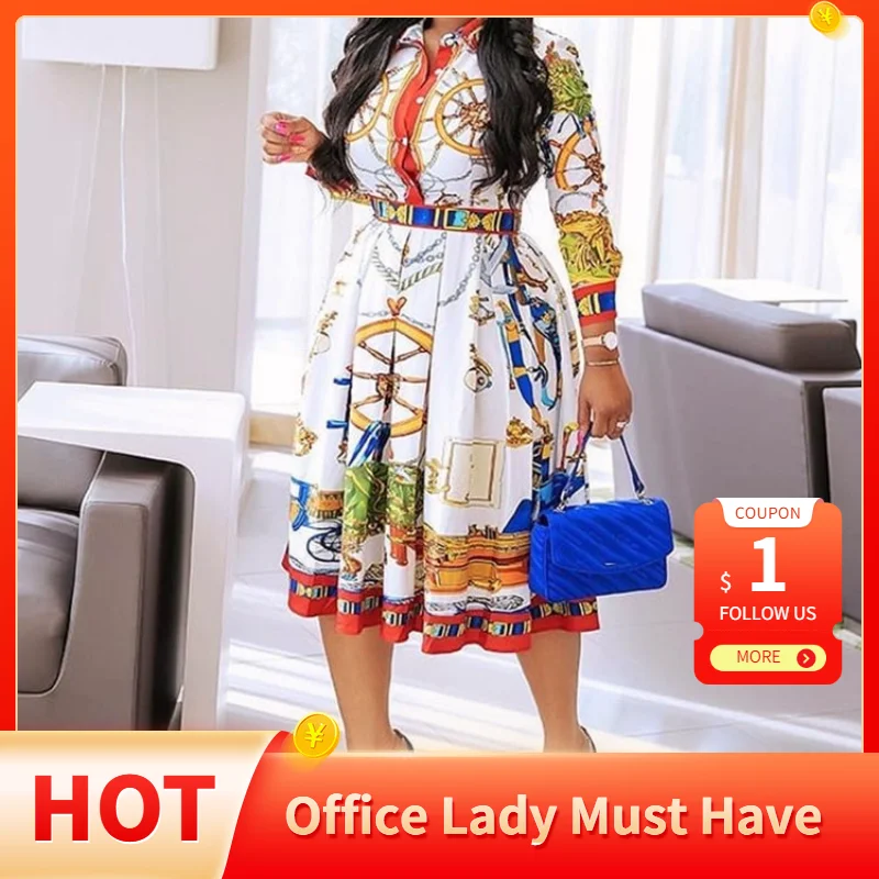 New Autumn Long Sleeve Shirt Dress African Print Elegant Office Ladies Floral Pleated Midi Dresses for Women 2022 Y2K Clothing