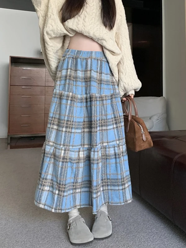 

plus Size Blue High Waist A-Line Woolen Cake f Skirt Women's Autumn Winter Versatile Slimming Midi Skirt Korean Sle Commute