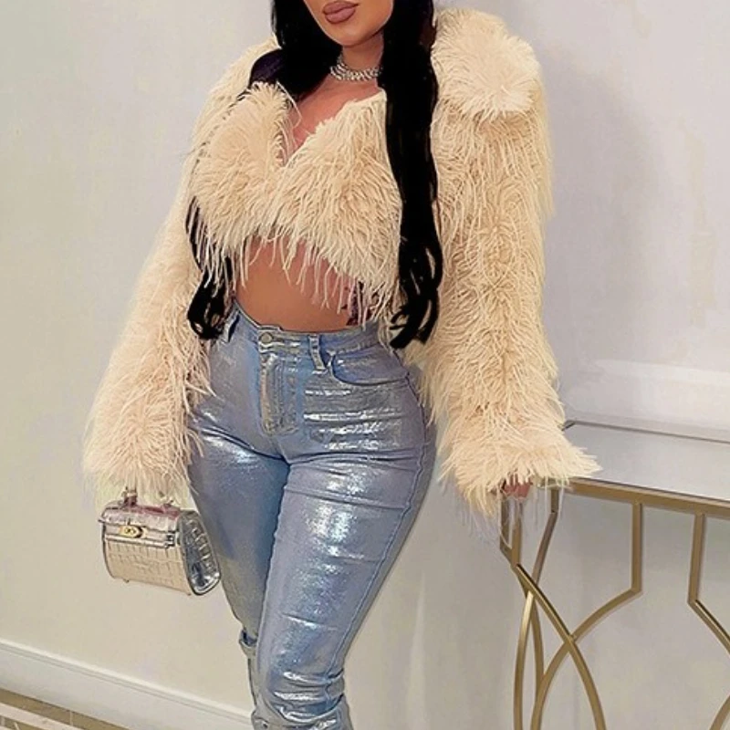 معطف الشتاء امرأة اقتصاص فو الفراء ملابس خارجية طويلة الأكمام الفراء سترة النساء Y2K الملابس مثير القمم سترات جديدة 2025 #3