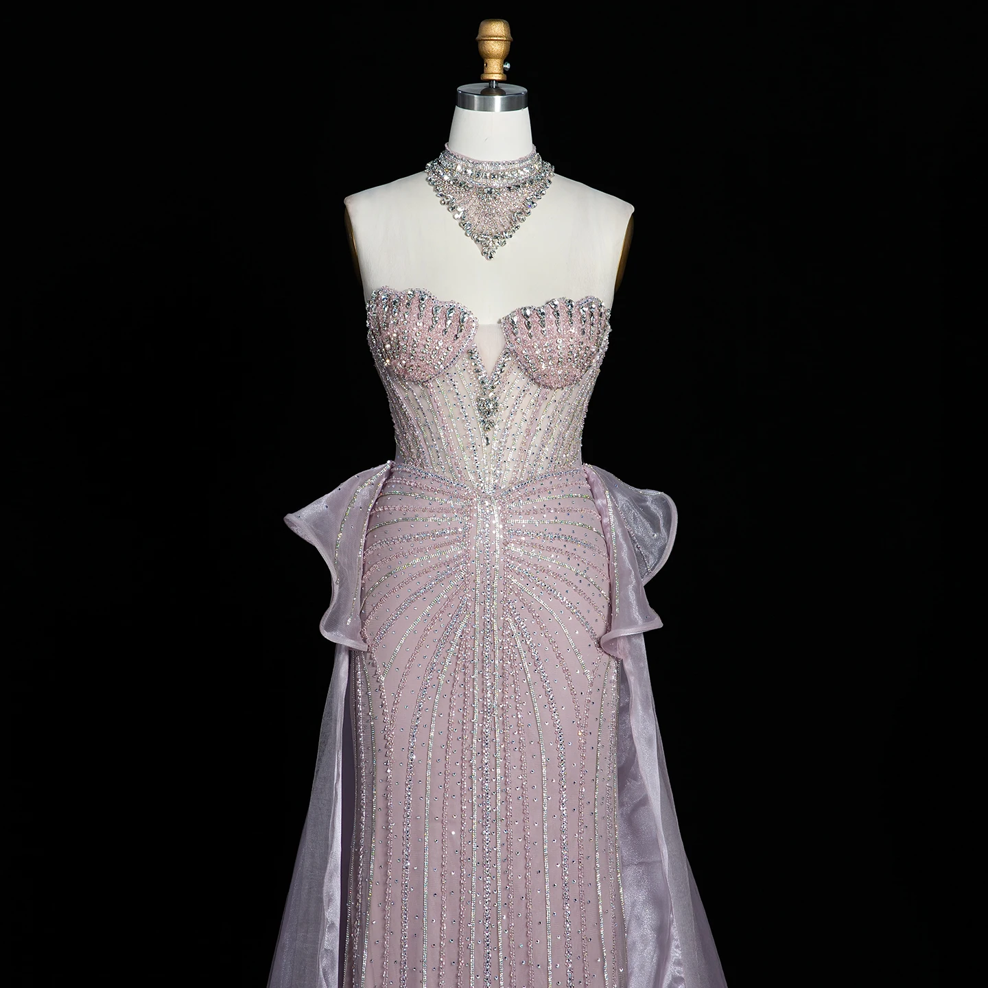 Sharon Said Abendkleid Luxuriöses Meerjungfrauenkleid aus Tüll mit Kristallen, Korsett und Perlen, Dubai Formelles Hochzeitskleid mit Überrock SS139 Maßanfertigung – Detail 9