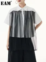 [EAM] Women White Mesh Color-block Big Size Short Blouse New Lapel Short Sleeve Shirt Fashion Tide Spring Summer 2024 1DH5404