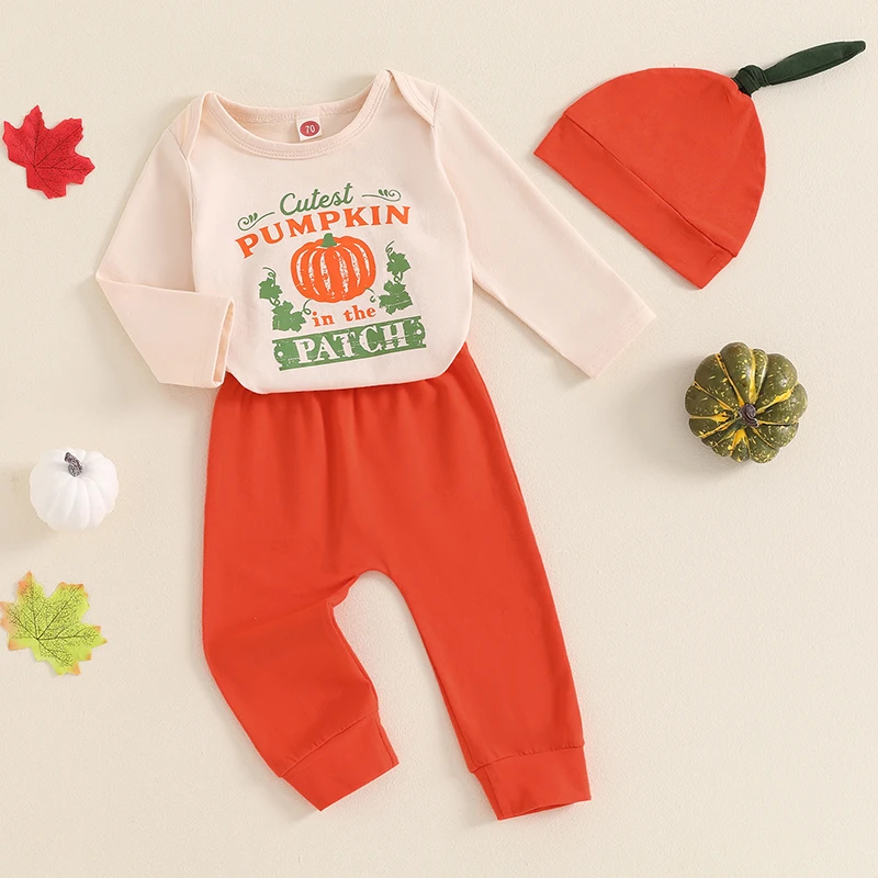 Baby Fall Halloween Outfit Letter Pumpkin Print Long Sleeve Romper with Solid Color Pants and Hat 3 Pcs Set