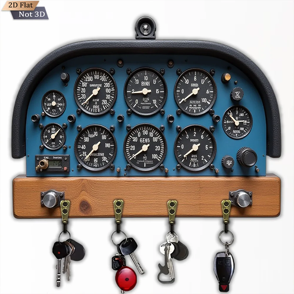 2D flach, 1 Stück, Retro-Schlüsselhaken für Luftfahrt-Instrumententafel, multifunktionaler Schlüsselhaken aus Holz für Zuhause, mit vier Metallhaken, Wand – Detail 2