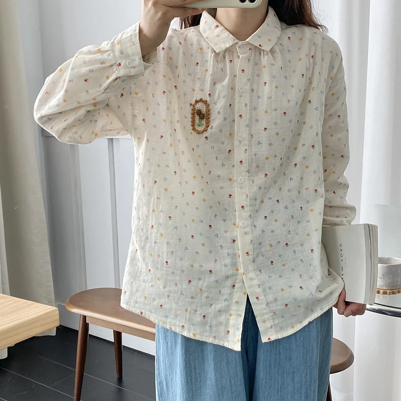 Double-layer Cotton Yarn Floral Printed Tops Women Clothes Long-sleeved New Turn Down Collar Slimming Shirts & Blouses U002