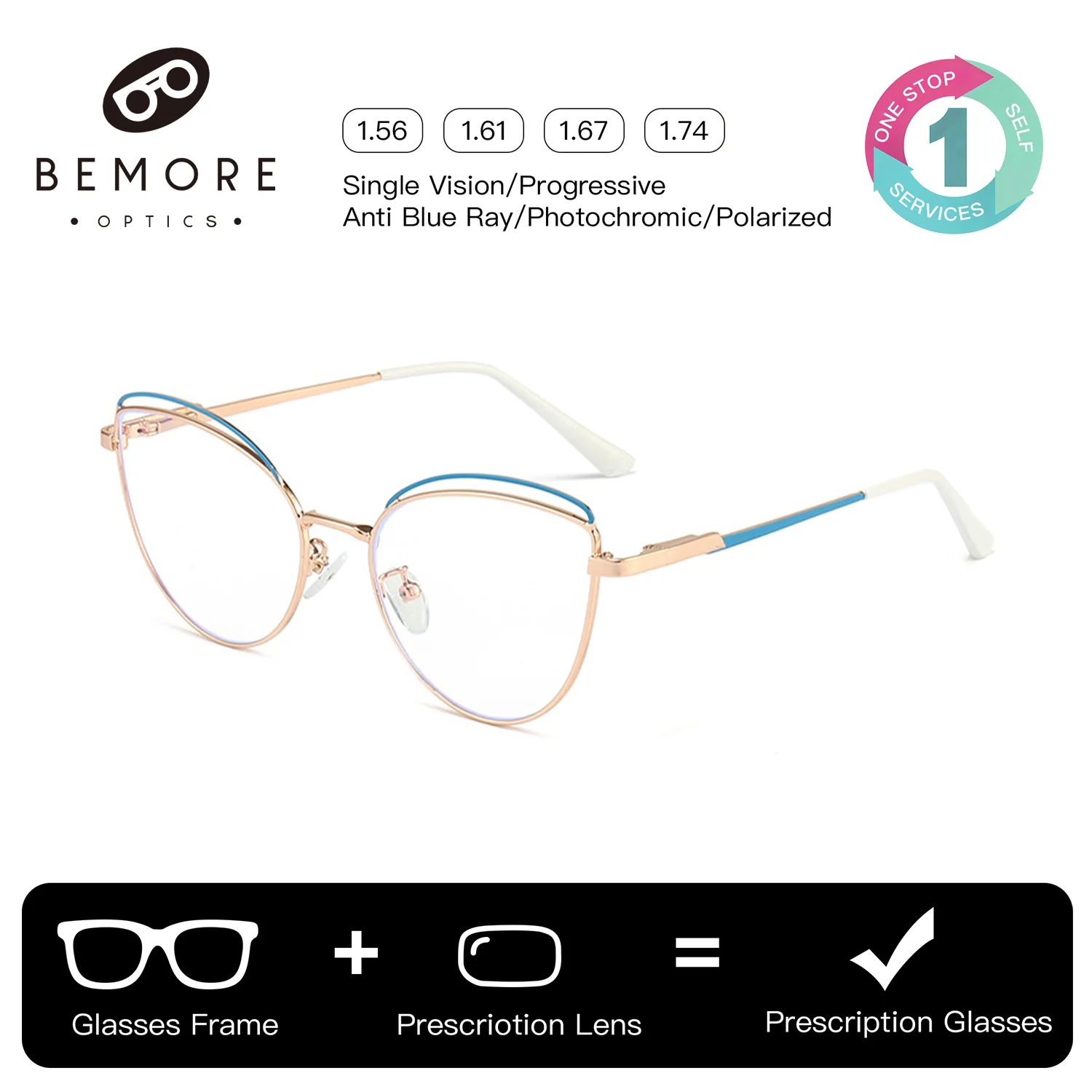 

BEMORE Cat Eye Butterfly Progressive Multifocal Glasses Ultralight Metal Blue Light Blocking Prescription Sunglasses for Women