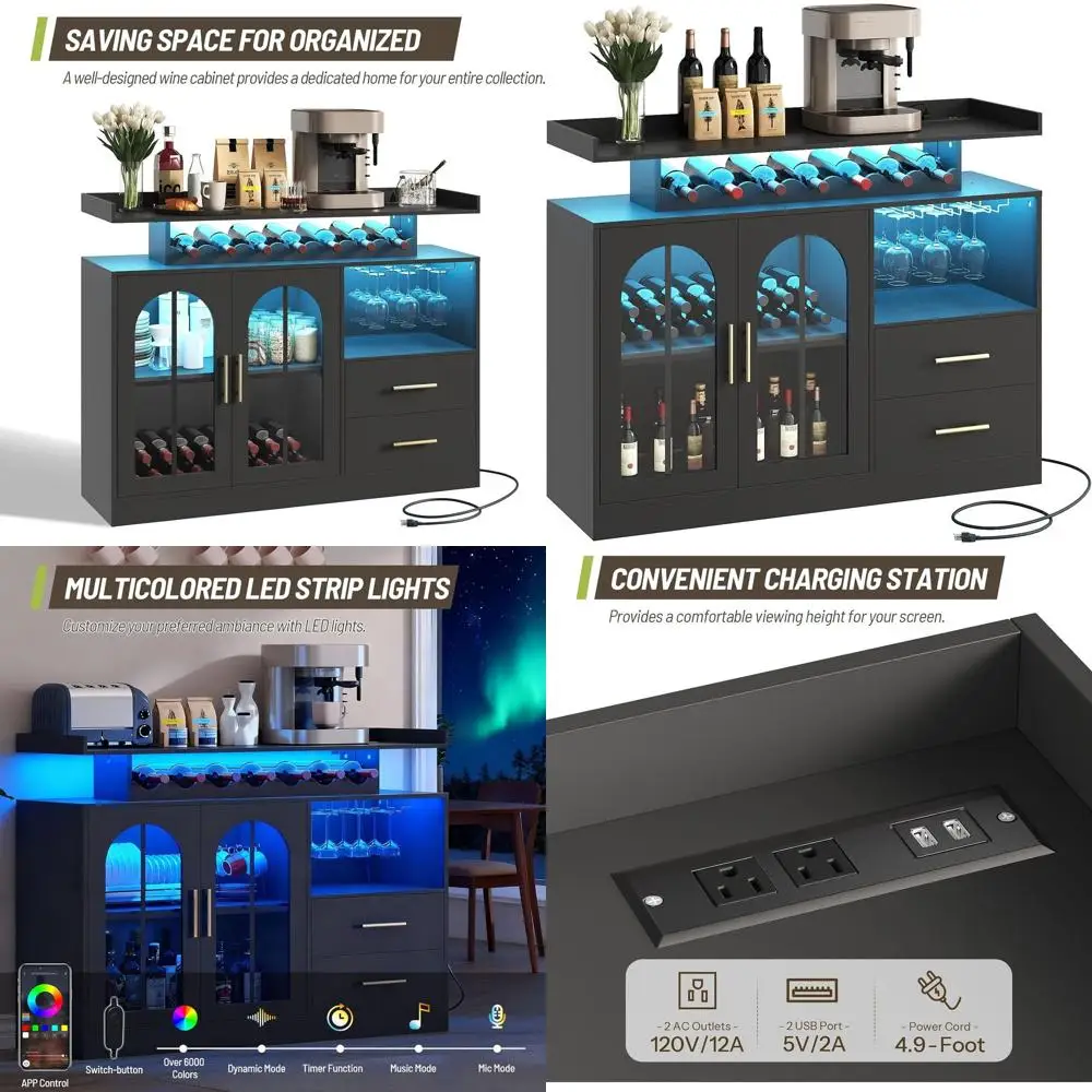 

LED-Illuminated Wine Bar Cabinet with Charging, Storage for Liquor and Glasses, Ideal for Coffee Buffet, Kitchen, Living and Din