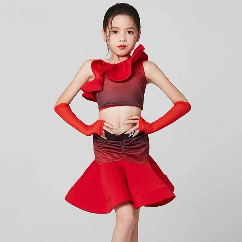 Kind Latin Dans Jurk Set Kostuum voor Meisjes Rode Rok Tango Cha Cha Samba Kleding Training Competitie 2025, Nieuwe Zomer