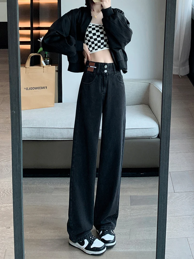 

Джинсы с высокой талией и широкими штанинами на флисовой подкладке для женщин: весенне-осенние, повседневные, свободные, прямые, больших размеров, универсальные, длинные брюки