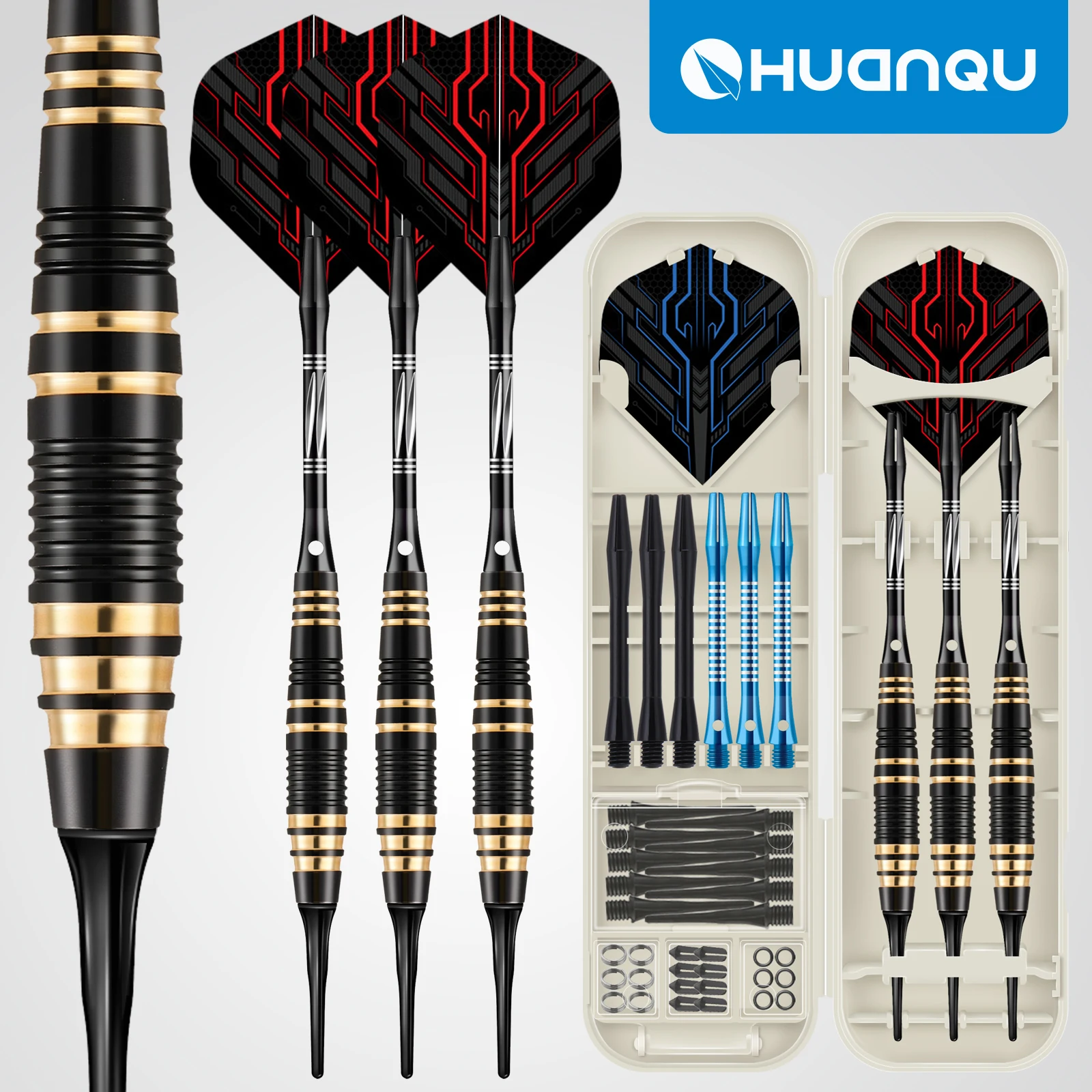 Huanqu Copper Dart Set of 3 Pieces, Professional Competition Darts with Safety Dart Tips, Includes Extra Accessory Set, Standard Darts for Home Bar Entertainment and Party Games