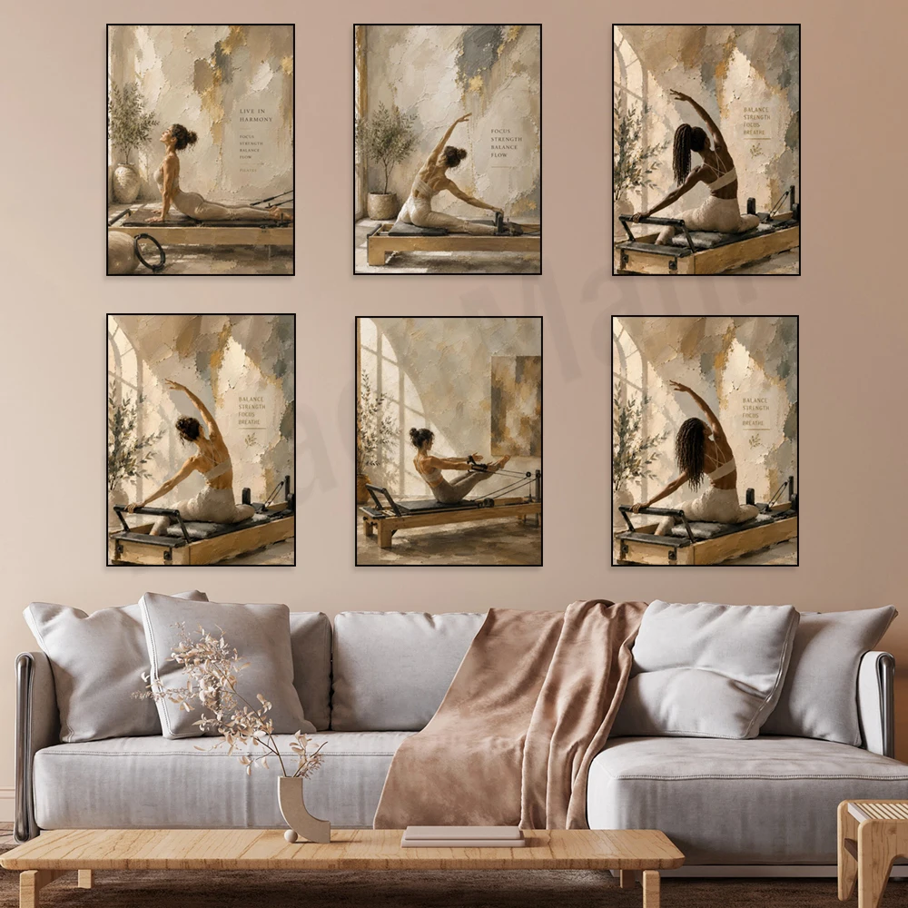 Pilates equipment exercise canvas painting, neutral beige fitness art, healthy lifestyle art, Black women's exercise poster
