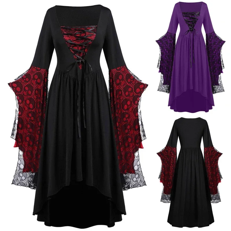 

Vintage Halloween Cosplay Costume Witch Vampire Gothic Dress Ghost Dresses Up Party Printed Medieval Ghost Bride Female Clothes