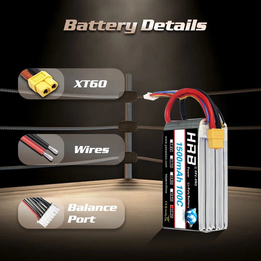 HRB 6S Lipo 22.2V 1500mAh batterie Lipo 100C avec connecteur XT60 pour avion UAU RC hélicoptère Drones RC voiture bateau pièces de bricolage