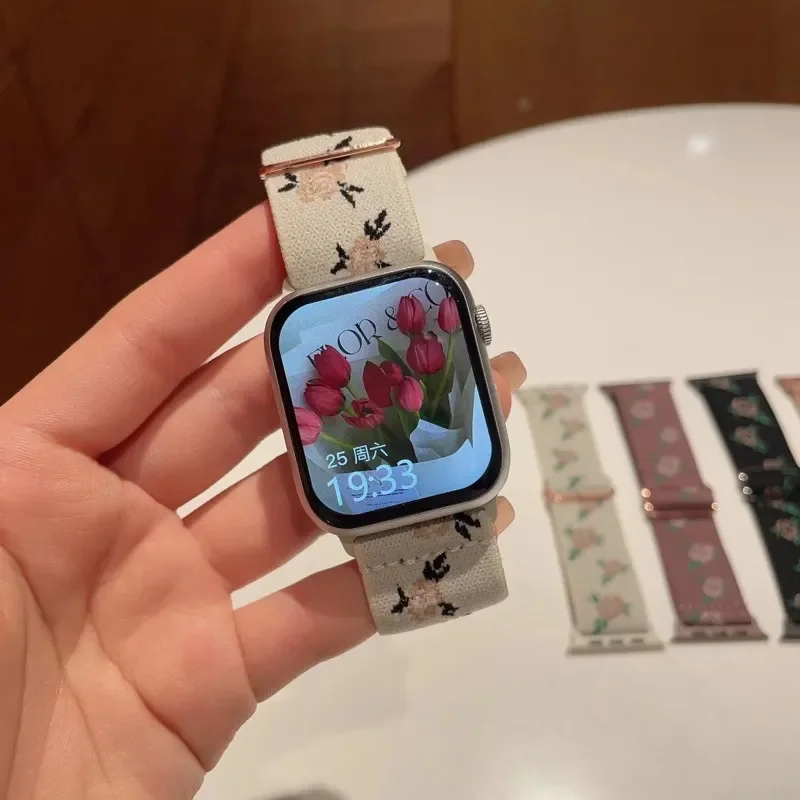 Korea Retro Nylon Flower Elasticity Band For Apple Watch 49mm 38 40 41mm Correa Cute Strap For iWatch Series Ultra 2 9 8 7 SE 6