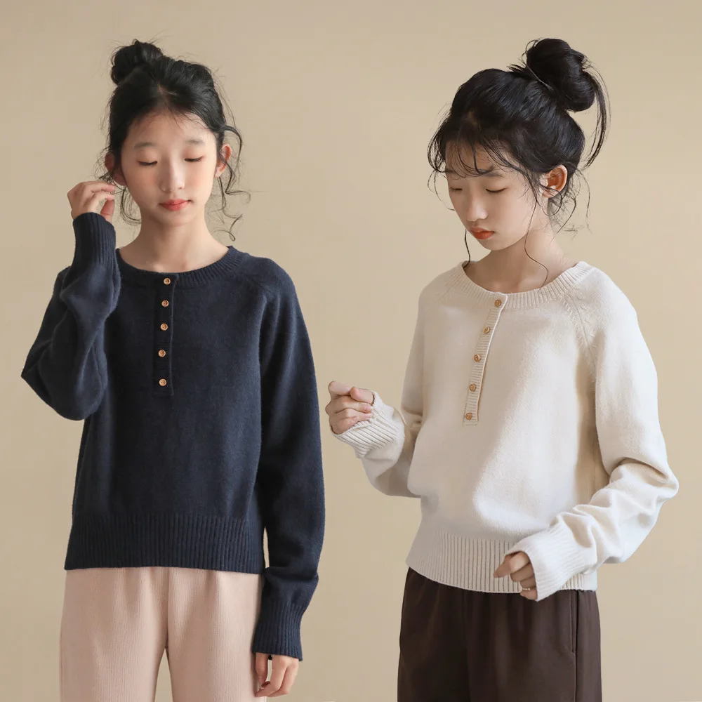 

Autumn Winter Junior Girl Knitted Pullovers Children Girl Pure Color O-neck Sweater School Girl Warm Knitwears Bottoming Shirt