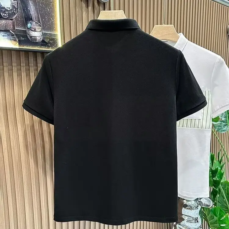 قميص بولو رجالي بياقة متباينة سوداء وأكمام قصيرة، تي شيرت كاجوال أنيق