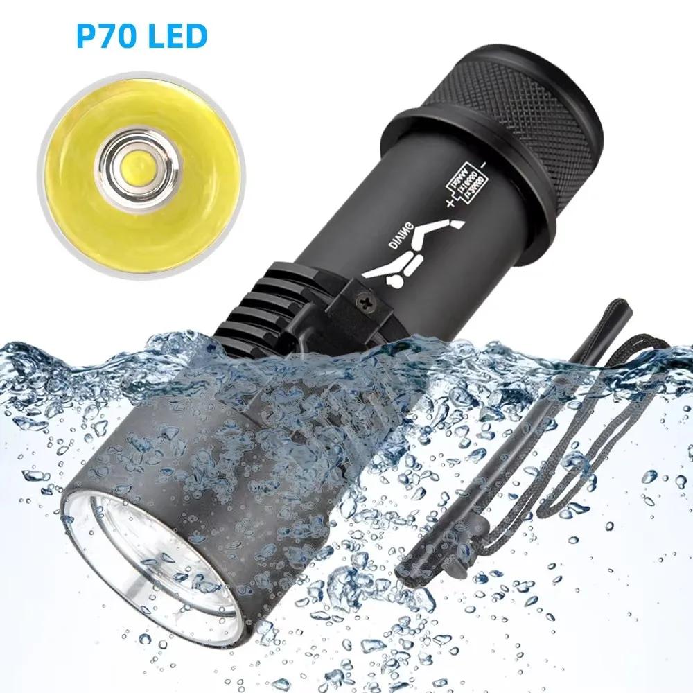 

Waterproof P70 LED 3000LM White Yellow Light Flashlight Magnetic Control Switch Professional Diving 80M 18650/26650 Battery