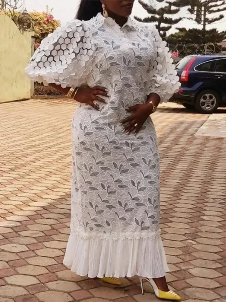 Vestidos africanos de festa de casamento para mulheres, renda branca, gola virada para baixo, mangas bufantes, bainha plissada, vestido midi, roupas de ocasião de luxo