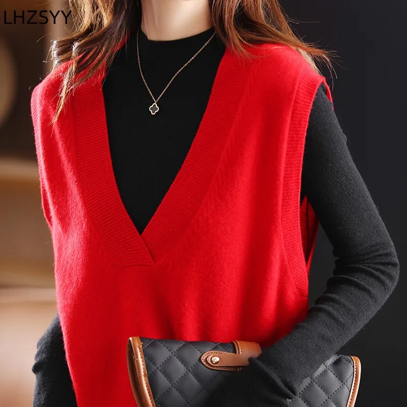 LHZSYY Autumn New 100%Pure Wool Knit Waistcoat Women V-Neck Pullovers Large Size Sleeveless Sweater Loose Vest Blouse Base Shirt