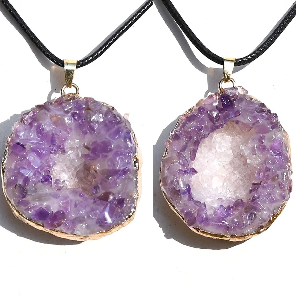 24pcs/lot Natural Crystal Cave Crystal Cluster Inlaid With Amethyst Energy Healing Jewelry For Women Wholesale