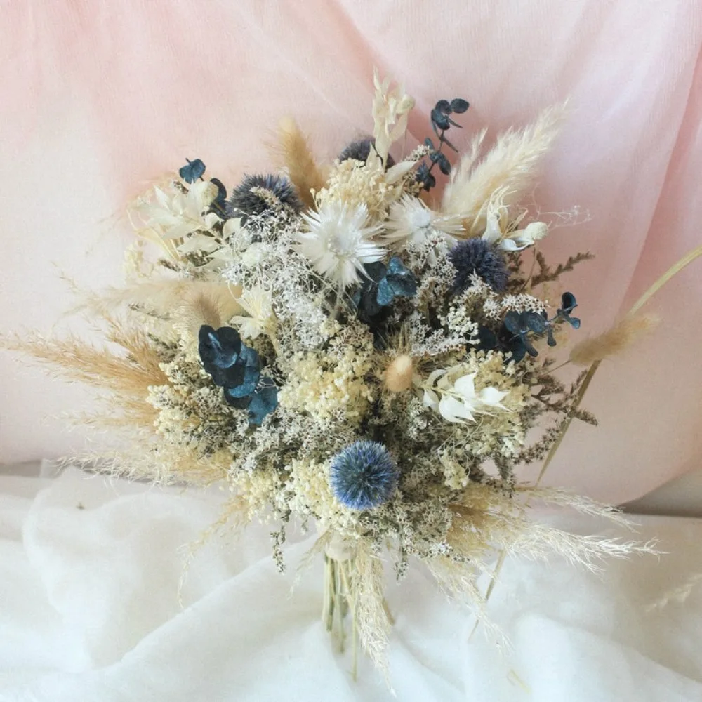 Dried Flowers,Dusty Blue Eucalyptus White Flowers arrangement Dried Blue thistle Bridal Bouquet,Dried Flowers