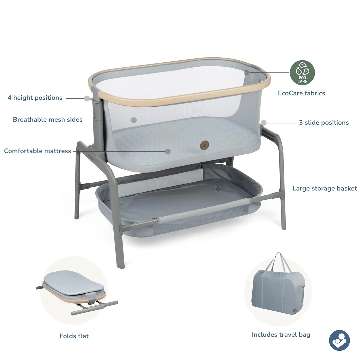 Bassinet Classic Slate: culla portatile per neonati, culla per lettino per neonati, regolabile in altezza, rete traspirante