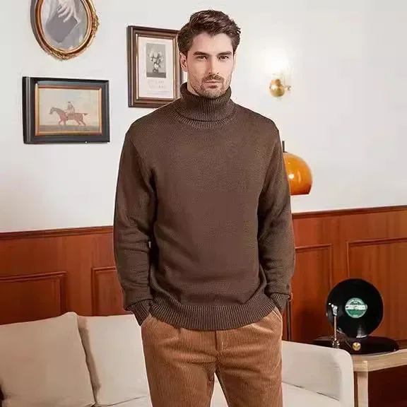 European and American Young Men's High-neck Sweater, Fashionable Pure Color Versatile Knitted Pullover for Autumn and Winter.