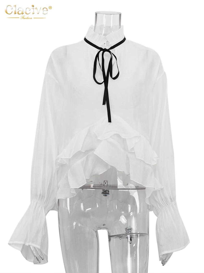 Clacive Sexy Loose White Women\'S Shirt 2024 Fashion Ruffle Collar Long Sleeve Blouses Elegant See Through Top Female Clothing