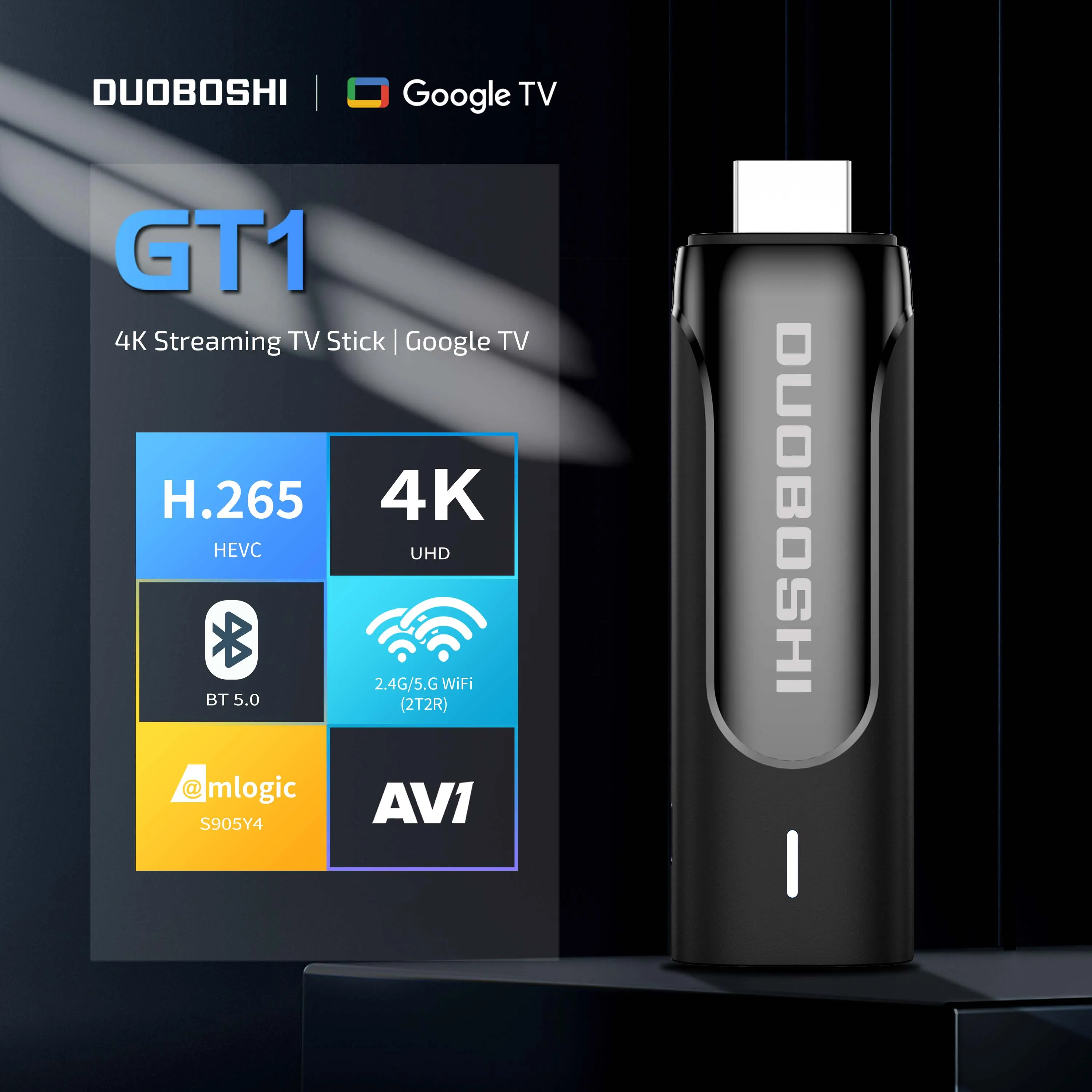 

DUOBOSHI GT1 4K Streaming TV Stick Amlogic S905Y4 Android 11 Google TV Media Player 2.4G/5G Dual WIFI 802.11 ac BT 5.0 AV1