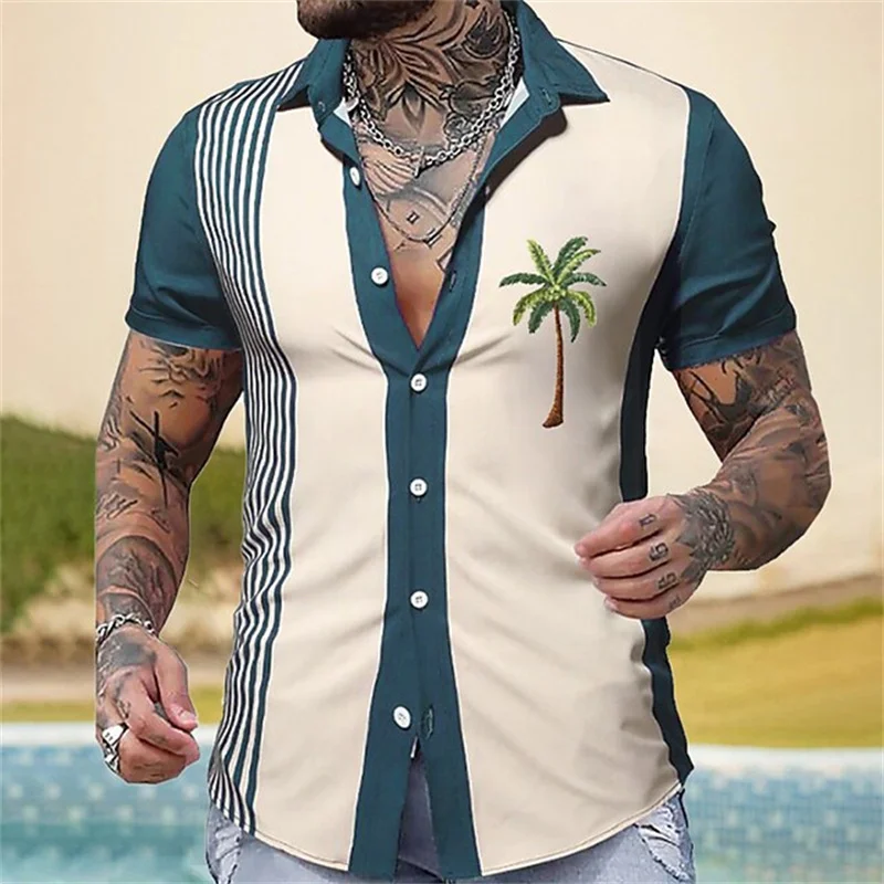 Summer Hawaiian Shirt Striped Shirt Coconut Tree Loose Casual Shirt Men\'s Beach Lapel Single Buckle Short-sleeved Fashion Clothe