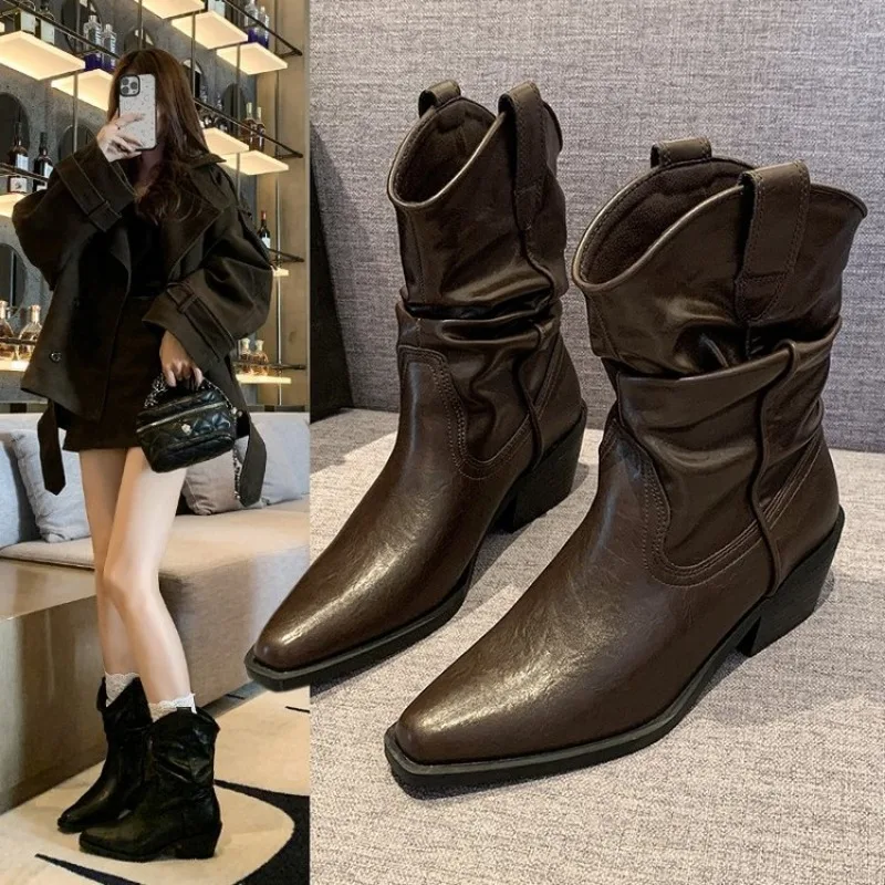 

Pu Leather Chelsea Boots for Women Autumn Winter New Chunky Heeled Cowboy Boots Woman Loose Tube Mid-calf Pleated Western Bootie