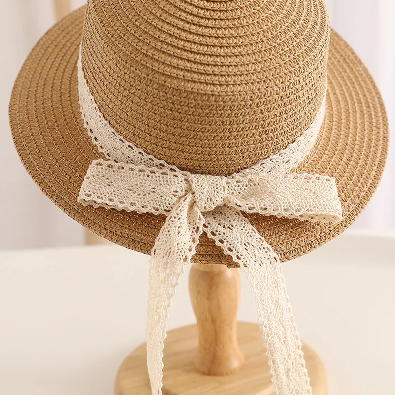 Cute Bow Lace Girls Straw Hat Spring Summer Breathable Sunshade Kids Sun Hat Outdoor Travel UV Protection Children Panama Cap