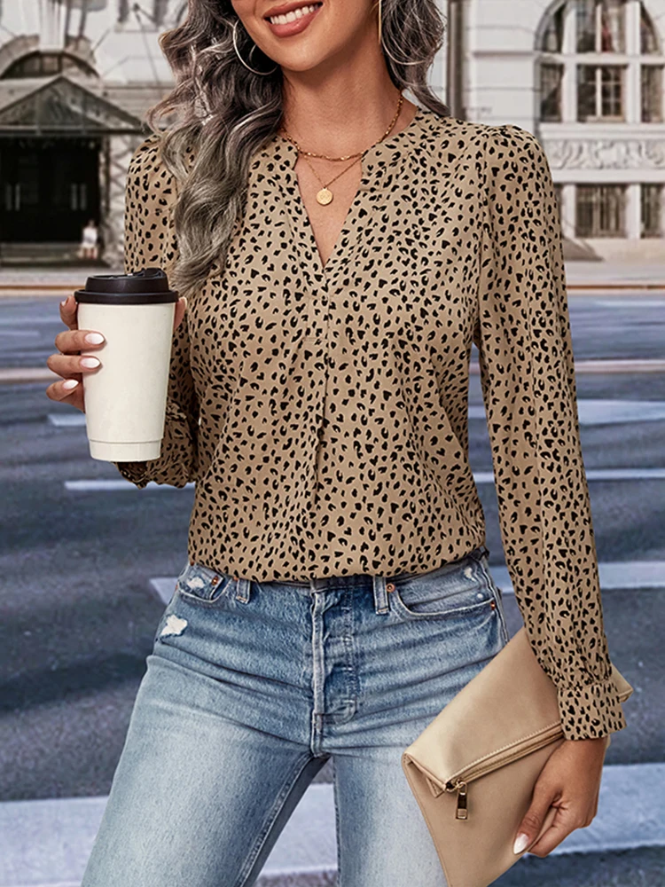 JIM & NORA Autumn Women Leopard Print Loose Deep V Neck  Shirt Long Sleeves Pullover Warm Lantern Sleeves Lady Spring Tops Fall