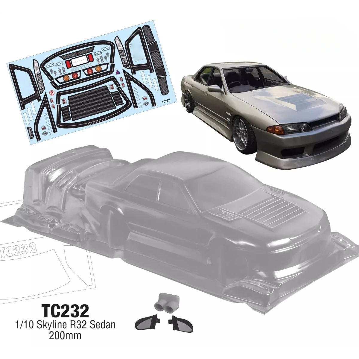

1/10 Skyline R32 Sedan Clear RC Drift Body Shell Set для шасси Tamiya tt01 tt02 Kyosho Yokomo (колесная база 57 мм)