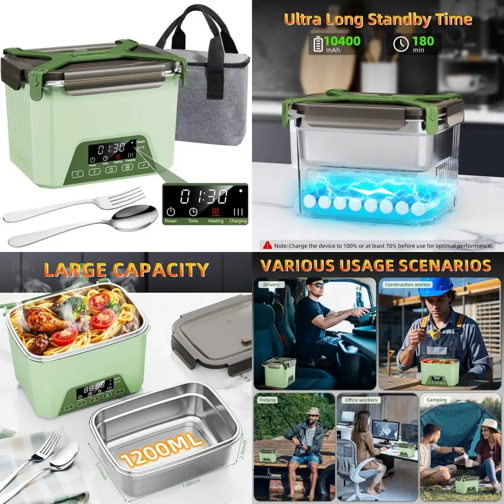 

Portable 1.2L Electric Lunch Box with Self-Heating, Battery-Powered, BPA-Free, Ideal for Work, Travel, and Outdoors (Green)