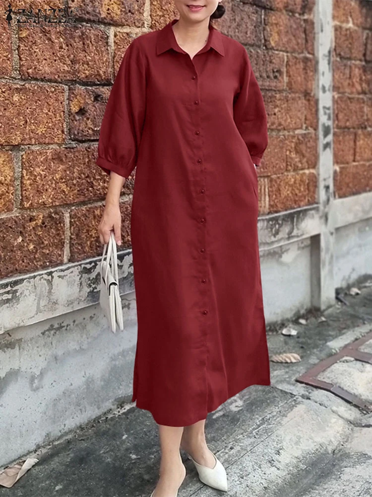 Damen Herbst OL Arbeitskleid ZANZEA 2025, elegantes Reverskragen, 3/4-Ärmel, Bürokleider, stilvolles, solides Hemdkleid, Knöpfe, Midi-Robe