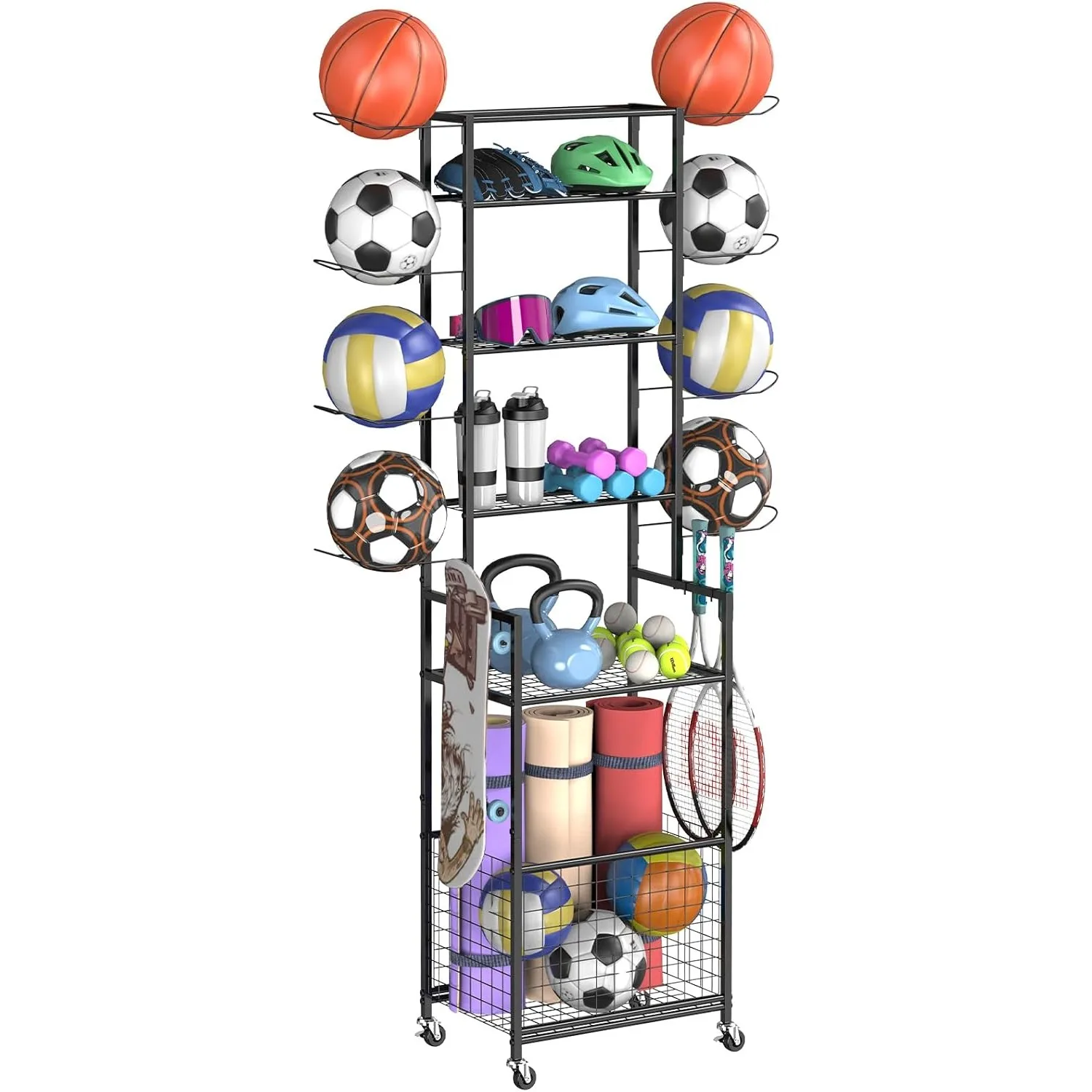 6段バスケットボールラック、ホイール、収納バスケットとフック付き、ガレージ/屋外用の多用途スポーツオーガナイザー - ブラック
