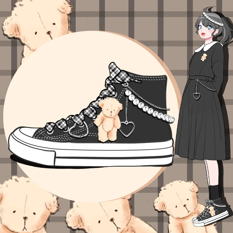 Amy and Michael Sweet Lovely Girls Students Casual Tennis Sneakers Kawaii Anime Bear Dolls Hand Made Cavas Shoes Women High Tops