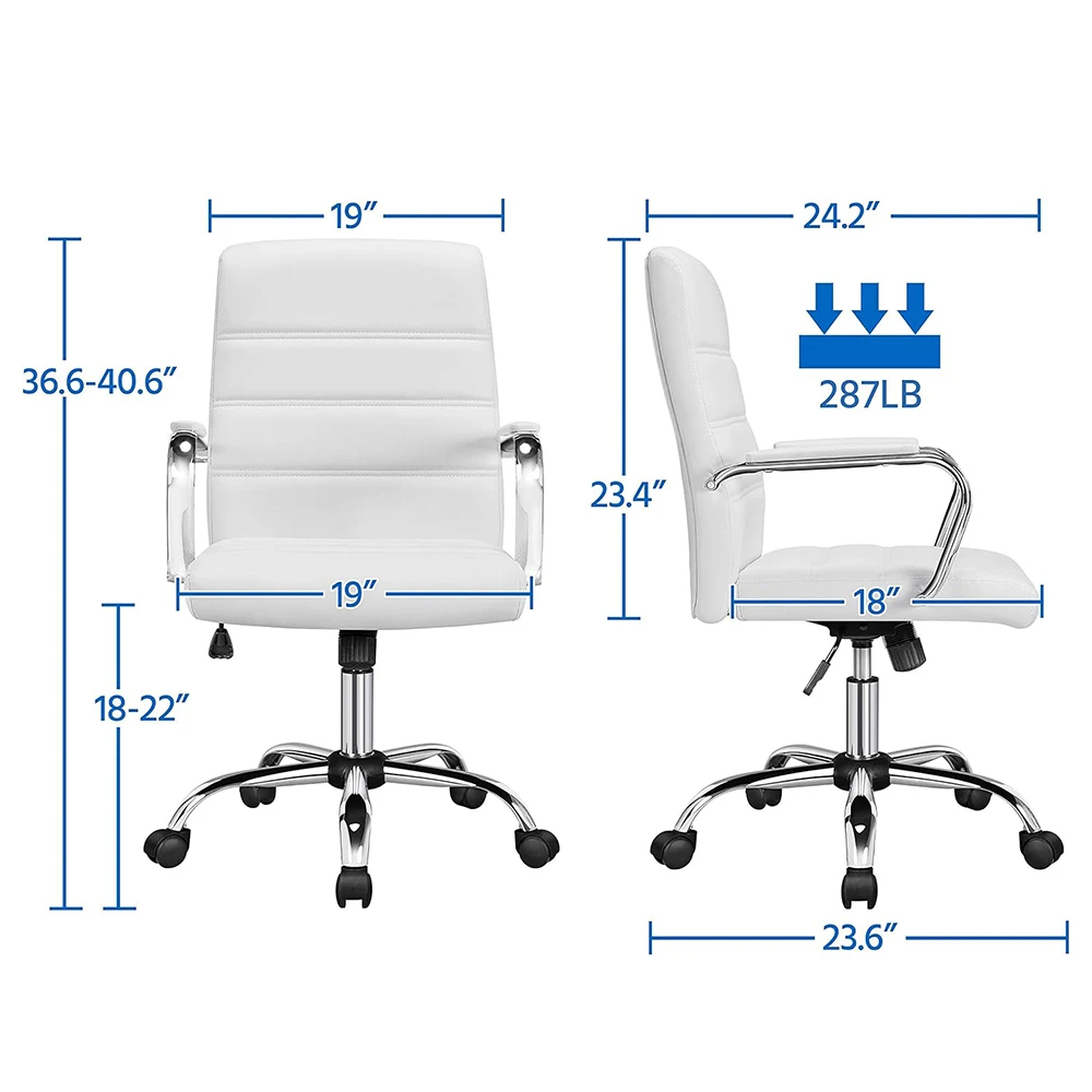 Mid-Back Office Chair, Seat Height Adjustable Chair, Swivel Leather Executive Chair, White