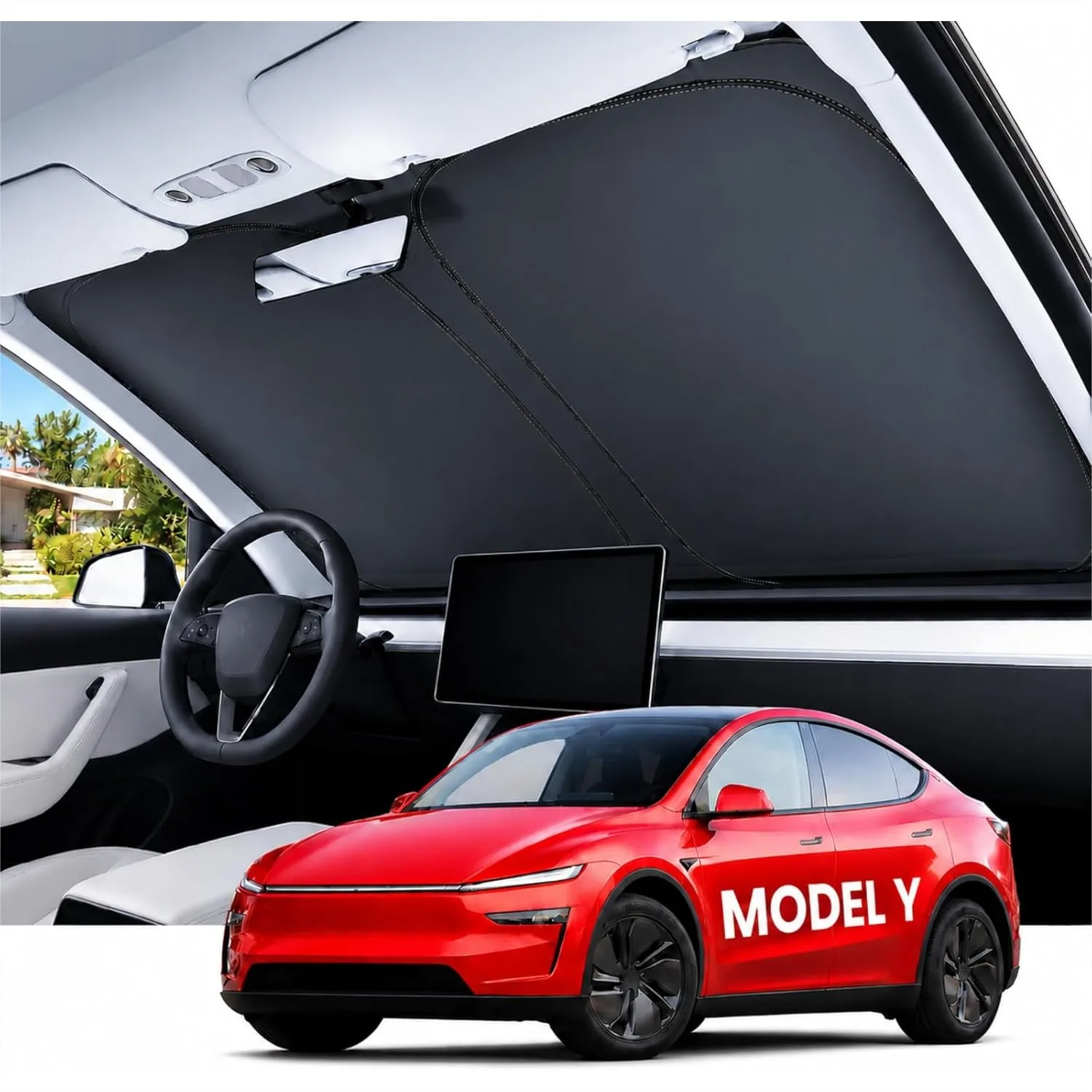 

Windshield Sunshade for Tesla Model Y 2016-2026 (Juniper) with UV Protection and Storage Bag