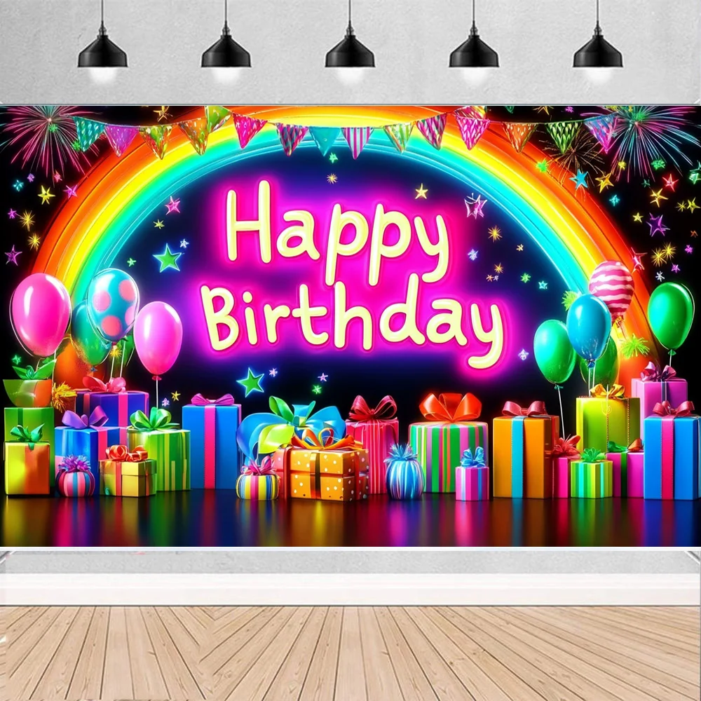 Glow Happy Birthday Background Neon Glow Splashed Graffiti on a Nrick Wall Decorated in the Dark Party Decoration Supplies