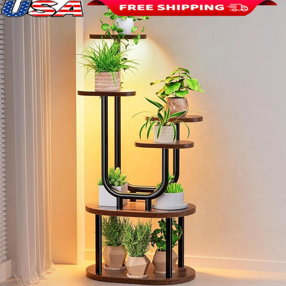 

U-Shaped Plant Shelf with Grow Lights 6-Tier Metal Wood Stand Indoor Planter Organizer Corner Display