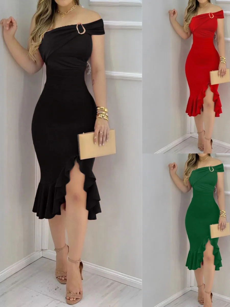 Sukienka damska Ele Pure Color Slim Fit z falbanką, odkrywająca ramiona, letnia, w kształcie litery A, z poliestru, wyszczuplająca.