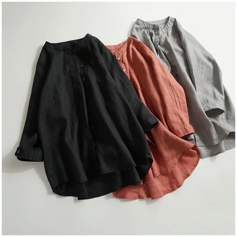 

Linen Seven-Sleeve Collar Shirt Women's 2024 Spring and Summer New Korean Style Fashion Simple Loose Elegant Casual Open Lining