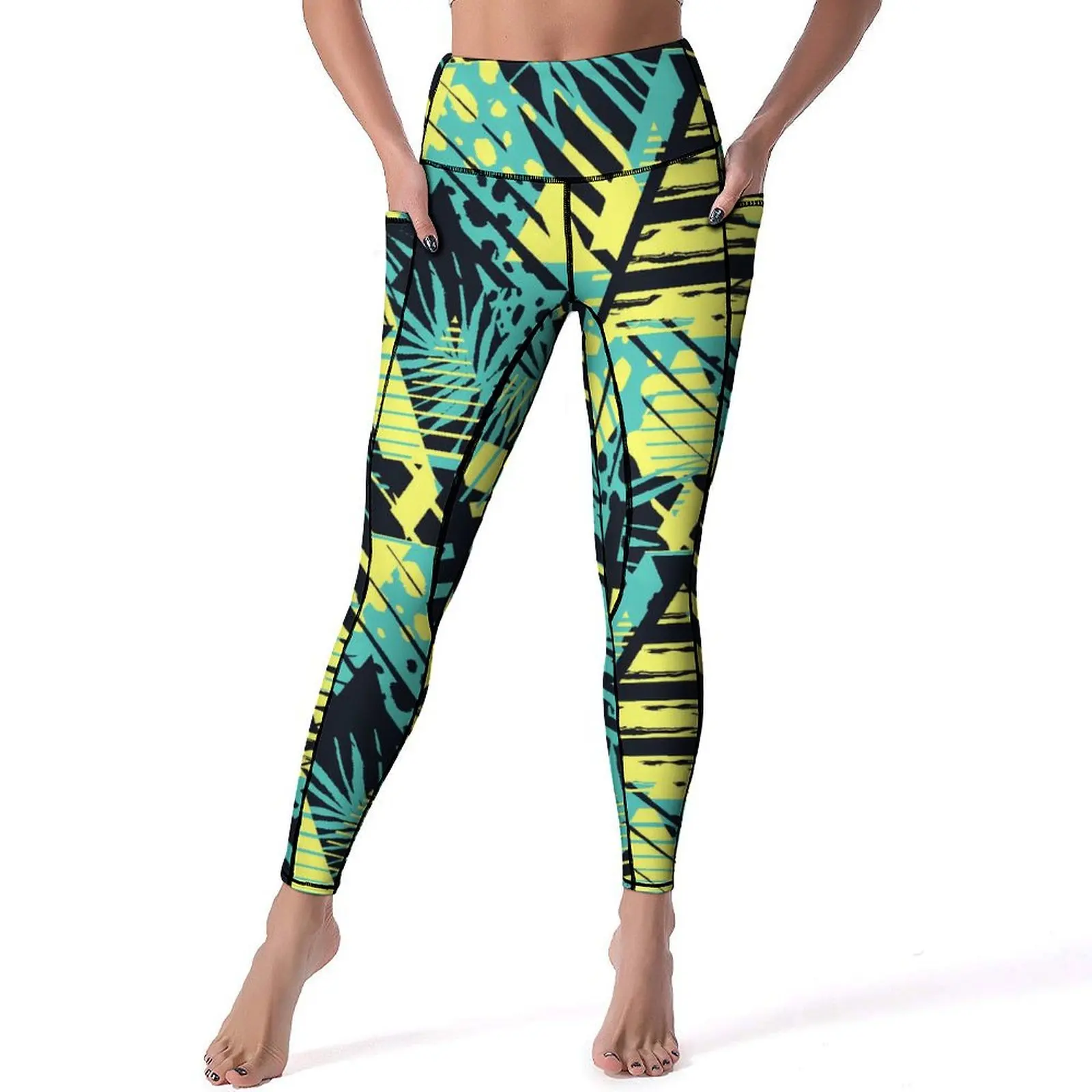 

Palm Leaf Leggings Sexy Abstract Geometrical Gym Yoga Pants Push Up Elastic Sports Tights Pockets Breathable Design Leggins