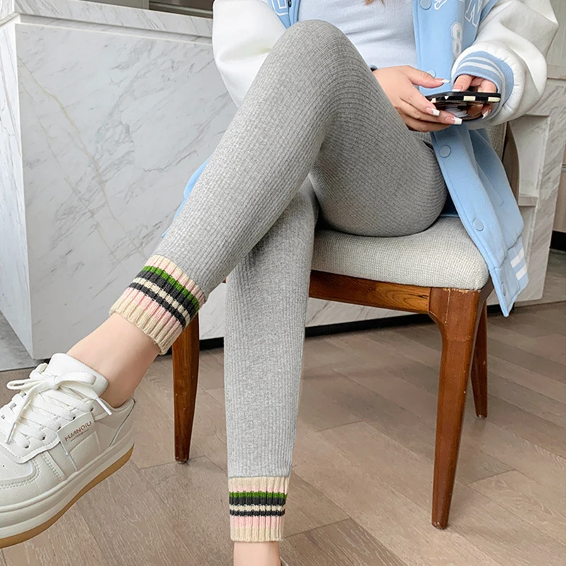 

2025 контрастных цветов, лоскутные зимние леггинсы, женская верхняя одежда, повседневные флисовые леггинсы в рубчик, корейские эластичные узкие леггинсы, женские