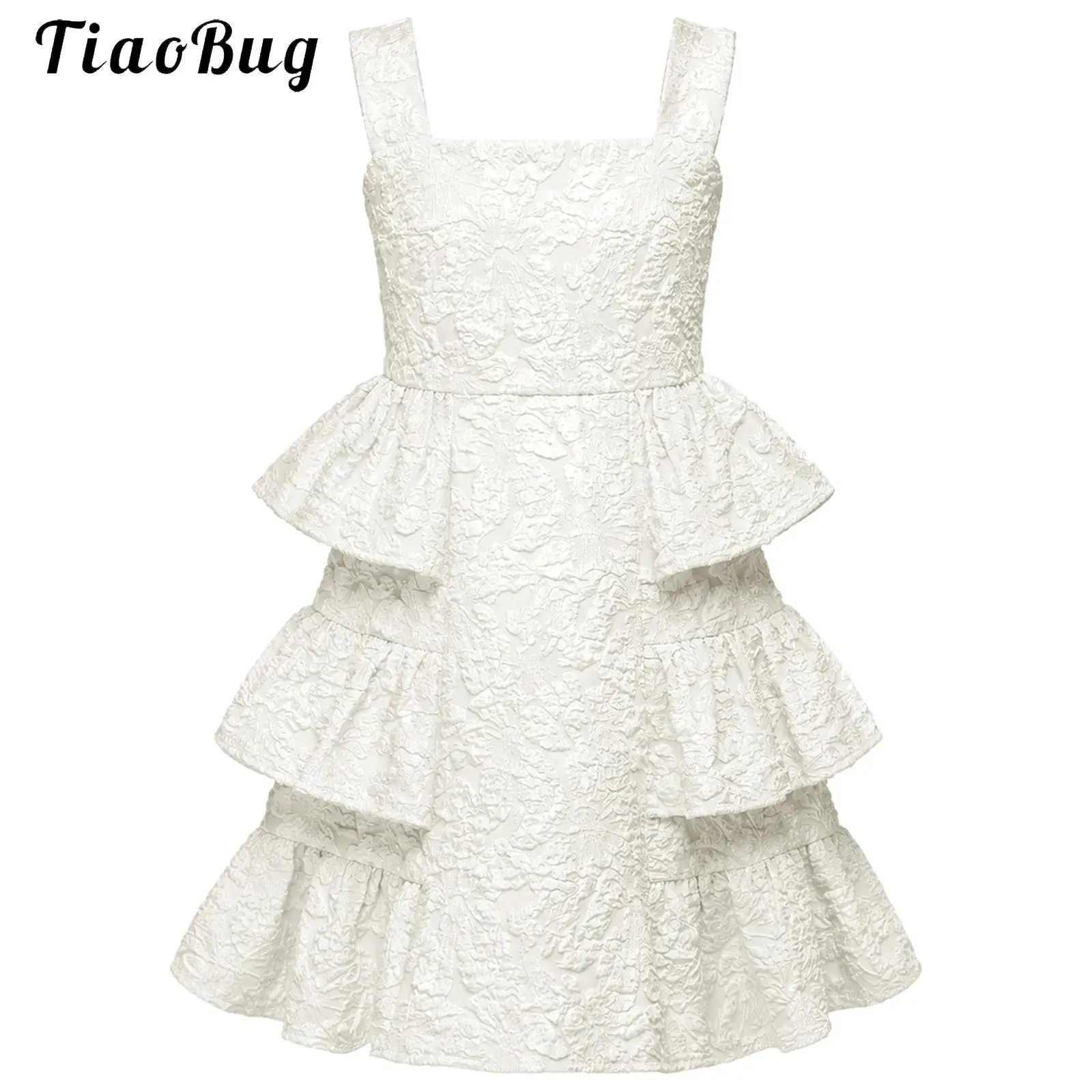 Elegant Girls Tiered Ruffles Jacquard Party Dresses Sleeveless Flower Kids Princess Ball Gown Wedding School Ceremony Birthday