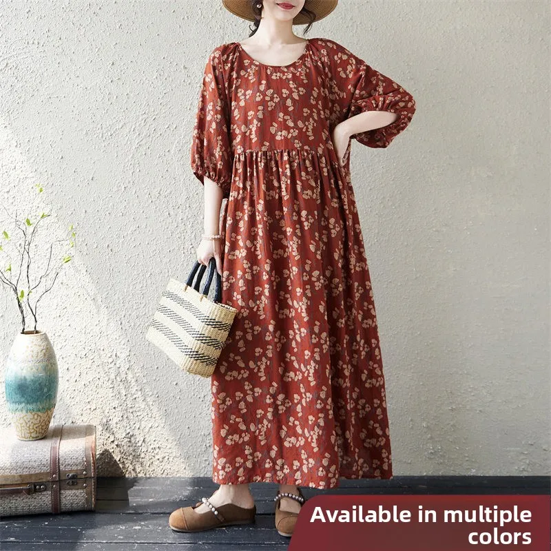 

Loose Lantern Sleeve round Neck Long Dress Women's Summer Simple Orange Flower Artistic Style Large Size Casual Citywalk Dress